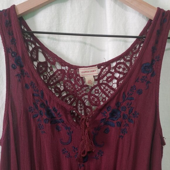 Cape Juby romper womens Size Small sleeveless romper embroidered lace wine short - Picture 3 of 9